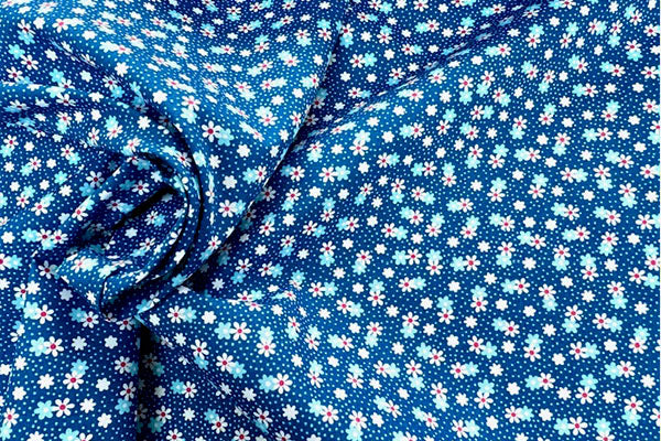 White daisies on royal blue floral print 100% cotton